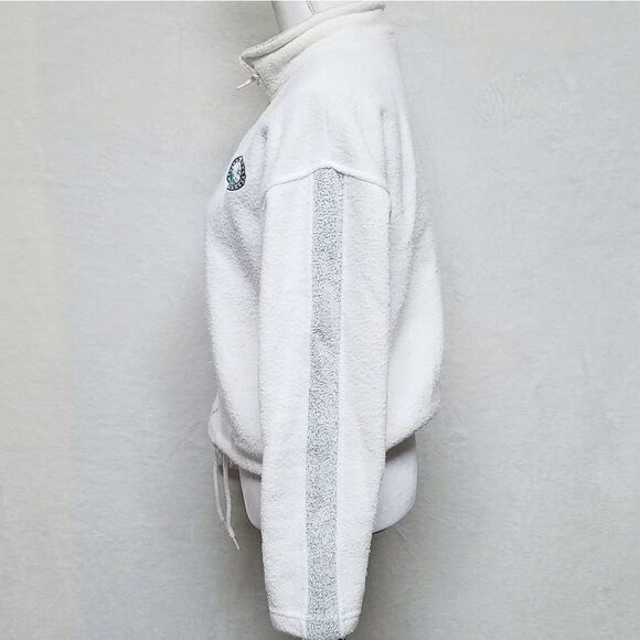 𝅺VINTAGE 1990s Exist White Gray Striped Full-zip Terry Cloth Cropped Sweater - Picture 7 of 11